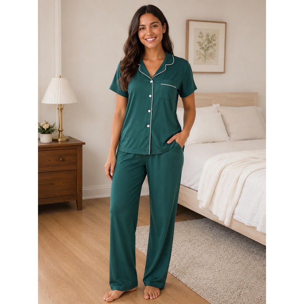 Ekouaer Womens Pajama Set Green Short Sleeve Button Down Pants Loungewear Medium